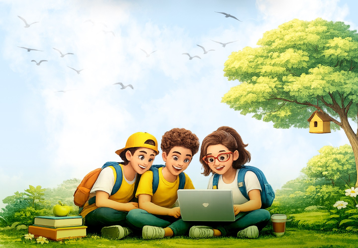Students learning in meadow